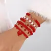 Pulseira Europeia e Americana de Dia dos Namorados com Múltiplas Camadas e Diamantes, Pingente de Coração Vermelho, Pulseira Elástica com Contas de Cerâmica Soft