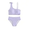 Bikini de Dos Piezas a Cuadros Morados Estilo Nuevo para Niñas Traje de Baño de Dos Piezas Estilo Tirantes para Niños Alta Elasticidad Secado Rápido Ropa de Playa