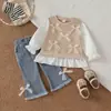 Conjunto de Dos Piezas para Bebé y Niño 2026 Europeo y Americano Transfronterizo Nuevo Primavera y Otoño Top de Canalé con Retazos y Mangas de Volantes + Pantalones de Mezclilla Lavados