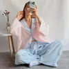 Otoño Invierno 2026 Nuevo Transfronterizo Europeo y Americano Bloqueo de Color Azul y Rosa Algodón Puro Holgado Manga Larga Pantalón Largo Conjunto de Ropa para el Hogar Pijama Mujer
