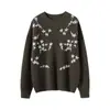 Suéter de Cashmere para Mulheres 100% Cashmere Puro Outono e Inverno Novo Gola Redonda Ombros Caídos Mangas Bordadas Manga Longa Pulôver Suéter Básico de Tricô