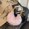 Bolso de Mano con Cuentas de Madera, Bolso de Peluche, Estilo Otoño e Invierno, Bolso de Imitación de Piel de Conejo Rex, Bolso de Hombro, Moderno, Elegante, Versátil Bolso Peludo