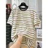 Camiseta Holgada Casual de Manga Corta a Rayas Bloque de Color Diseño de Nicho Estilo Coreano Talla Grande para Mujer 150kg