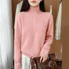 Novo suéter de lã 100% espessado outono e inverno para mulheres, gola alta, malha com zíper parcial e barra em crochê vazado