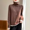 Camiseta básica de punto para mujer con mangas largas, nuevo suéter de punto, top de punto holgado con cuello doble superpuesto y colores contrastantes para otoño e invierno