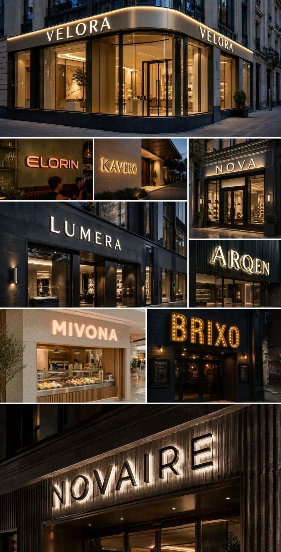 多种商业门头招牌与发光字应用组合展示｜Illuminated letters across premium retail storefront applications