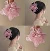 Pinza para el pelo de flor de malla de principios de primavera para mujer, elegante pinza de disco rosa para la parte trasera de la cabeza, pinza de tiburón grande