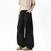 Pantalones cargo plisados de secado rápido estilo americano para hombre, pantalones de paracaidista deportivos de verano para exteriores, pantalones casuales holgados de pierna ancha, negro