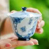 Conjunto de Chá Gaiwan Duas Peças Cor Azul Ink Gardenia Bêbado, Conjunto de Chá Kung Fu de Cerâmica para Uma Pessoa, Tigela de Chá Individual de Alto Valor para Preparar Chá