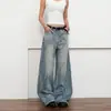Jeans Rasgados Desgastados Estilo Retro Americano 2025 Nuevo Diseño Florales Rasgados Deconstruidos de Pierna Ancha