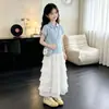 Conjunto de Dos Piezas para Niñas, Tops de Verano Estilo Coreano de Manga Corta, Falda de Encaje tipo Pastel Suelta Estilo Princesa, Falda de Longitud Media