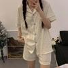 Pijamas transfronterizos para mujer de verano, pantalones cortos de manga corta, bordado de perro Yugui, lazo, niña linda, holgado, traje para estar en casa