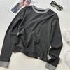 Camiseta falsa de duas peças com costura de cor contrastante, gola redonda, manga comprida, feminina, primavera e outono, forrada com lã, elástica, slim fit, base interna emagrecedora