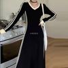 Estilo Europeo y Americano Ajuste Delgado Cuello en V Adelgazante Línea A Elegante Vestido Largo Vestido de Manga Larga Pg0637