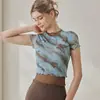 Roupas de Yoga Femininas Novas de Alta Qualidade Malha Roupas de Treino Pilates Falso Duas Peças Estampa Esportiva Manga Curta Camiseta Top