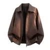 Chaqueta de cuero estilo americano de moda, fresca, con cuello camisero, chaqueta de vuelo roja para hombre