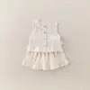 Conjunto de verano nuevo personalizado para niños, estilo coreano, color liso 2026, moderno conjunto de dos piezas con encaje para bebés niñas, perfecto para salidas, dulce y adorable
