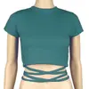 Venta caliente de verano Ins europeo y americano nuevo sexy camiseta ombliguera para mujer con tiras de encaje, top ajustado adelgazante con cordón, manga corta