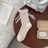 Meias de Renda com Laço Estilo Ballet para Mulheres, Meias de Cano Médio, Malha Fina Respirável para Primavera e Verão, Meias Longas Brancas Empilhadas de Renda
