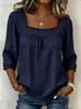 2026 Transfronterizo Amazon Nuevo Verano Color Sólido Casual Cuello Cuadrado Encaje Empalmado Manga Tres Cuartos Algodón y Lino Manga Corta Top para Mujer