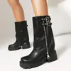 Botas de otoño e invierno para mujer de talla grande, hasta la pantorrilla, punta redonda, suela gruesa, plataforma impermeable, tacón alto de cuero, botas de equitación versátiles de calidad de exportación para mujer