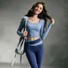 Conjunto Deportivo Casual para Yoga Cuello Cuadrado Corto Manga Larga Cintura Alta Bloque de Color Pantalones de Yoga Secado Rápido Transpirable Ropa de Entrenamiento Fitness