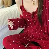 Pijama Suspensório de Renda com Bolinhas em Forma de Coração Vermelho para Ano Novo Feminino, Conjunto de Três Peças Skin-Friendly para Casa para Primavera e Outono que Pode Ser Usado Fora