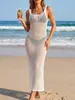Vestido de Playa Sexy Europeo y Americano Delgado Sin Espalda Color Sólido Hueco Cubre-traje Vestido Largo Sexy