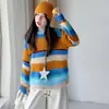Suéter a rayas arcoíris dopamina estilo coreano para niñas, top de punto holgado, nueva colección de otoño, diseño color block, conjunto casual y versátil
