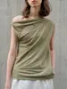 Top de punto de lino estilo Old Money, Chaleco asimétrico sin hombros para mujer, Blusa de algodón y lino de verano sin mangas con hombro retorcido