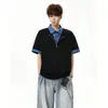 Camiseta de manga curta com gola polo estampada em patchwork estilo faculdade coreano para homens e mulheres, design de verão com uma blusa de gola reversa falsa de duas peças