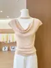 Nova camiseta de tricô rosa claro de verão com gola halter, gola com babados, mangas curtas tipo sino para mulheres, com franzidos laterais, caimento justo, top com caimento suave