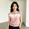 Nuevo Top de Punto de Seda Helada con Bloques de Color y Rayas, Cuello Polo, Corte Holgado, Tallas Grandes para Mujer, Camiseta de Verano Versátil, Elegante y Adelgazante