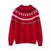 Edición Limitada del Año del Caballo Suéter de Punto Jacquard Retro Estilo Fair Isle Infantil Cuello Medio Alto Rojo Suéter Versátil de Lana