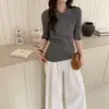 Suéter de lana de punto 100% lana para mujer, cuello polo, corte ajustado, manga media, patrón de ondas, nuevo top de otoño