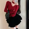 Cárdigan de punto rojo con cuello en V para mujer, otoño e invierno 2023, nuevo top suéter base corto ajustado con manga abullonada