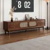 Juego de mueble de TV y mesa de centro, marco de madera maciza tejido de ratán vintage, mueble de almacenamiento estilo francés para sala de estar, cómoda para uso en apartamentos pequeños
