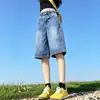 Shorts Jeans Retro com Estampa de Letras Plus Size Feminino Verão Gordura Solto Cintura Alta Emagrecimento Perna Larga Reta Calças de Comprimento Médio