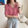 Top de manga corta de punto de seda helada de estilo coreano de alta textura para mujer, holgado, relajado, con escote en V suave y corte entallado, de verano