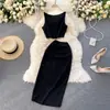 Gao Leng Yujie Popular na Internet Conjunto Cor Sólida Gola Redonda Colete Top Curto Cintura Alta Quadril Comprimento Médio Saia Conjunto de Duas Peças para Mulheres