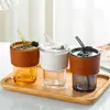 Vaso de vidrio estilo bambú minimalista, alto valor estético, vaso con popote para el hogar, pequeño regalo para inauguraciones de negocios, vaso de agua simple para venta al por mayor