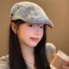 Gorra Delantera de Mezclilla Lavada para Mujer Vintage Combinable Muestra el Rostro Boina Pequeña Estilo Japonés Antidesgaste Cabeza Grande Azul Sombrero de Moda
