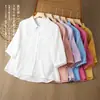 Camisa de Algodão e Linho com Lapela Feminina Renda Broche 3D Temperamento Moda Blusa Sete Mangas Novo Top Artístico de Verão
