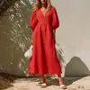 Nuevo Vestido de Lino Estilo Europeo y Americano Transfronterizo para Mujer, Cuello en V, Mangas Abullonadas, Ceñido a la Cintura, Adelgazante, Estilo Vacacional, Largo Medio Línea A