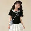 Conjunto Casual de Verano Lindo y Dulce para Niñas Mayores, en Capas, Sencillo y a la Moda, con Lazo y Encaje, Conjunto de Camisa de Manga Corta