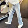 Jeans jacquard xadrez azul retrô americano para homens e mulheres, modelagem que emagrece, solto, calça reta com efeito empilhado