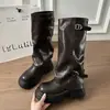 Versión de cuero suave ~ Botas vaqueras occidentales para mujer de otoño hasta la pantorrilla en color marrón con cremallera, botas apiladas, botas largas de suela gruesa