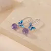 Pendientes de Cristal Natural Plateados Yilu Plata de Ley S925 Chapados en Oro Bola de Amatista Mariposa Esmaltada Gancho para la Oreja Listos en Stock