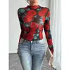 Otoño 2026 Europeo y Americano Nuevo para Mujer Transparente Estampado Floral Rosa Manga Larga Cuello Alto Pequeño