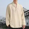 Nova camisa de algodão e linho estilo chinês de manga comprida para homens, top de botão com gola V modificada, roupa Zen de linho solta para chá